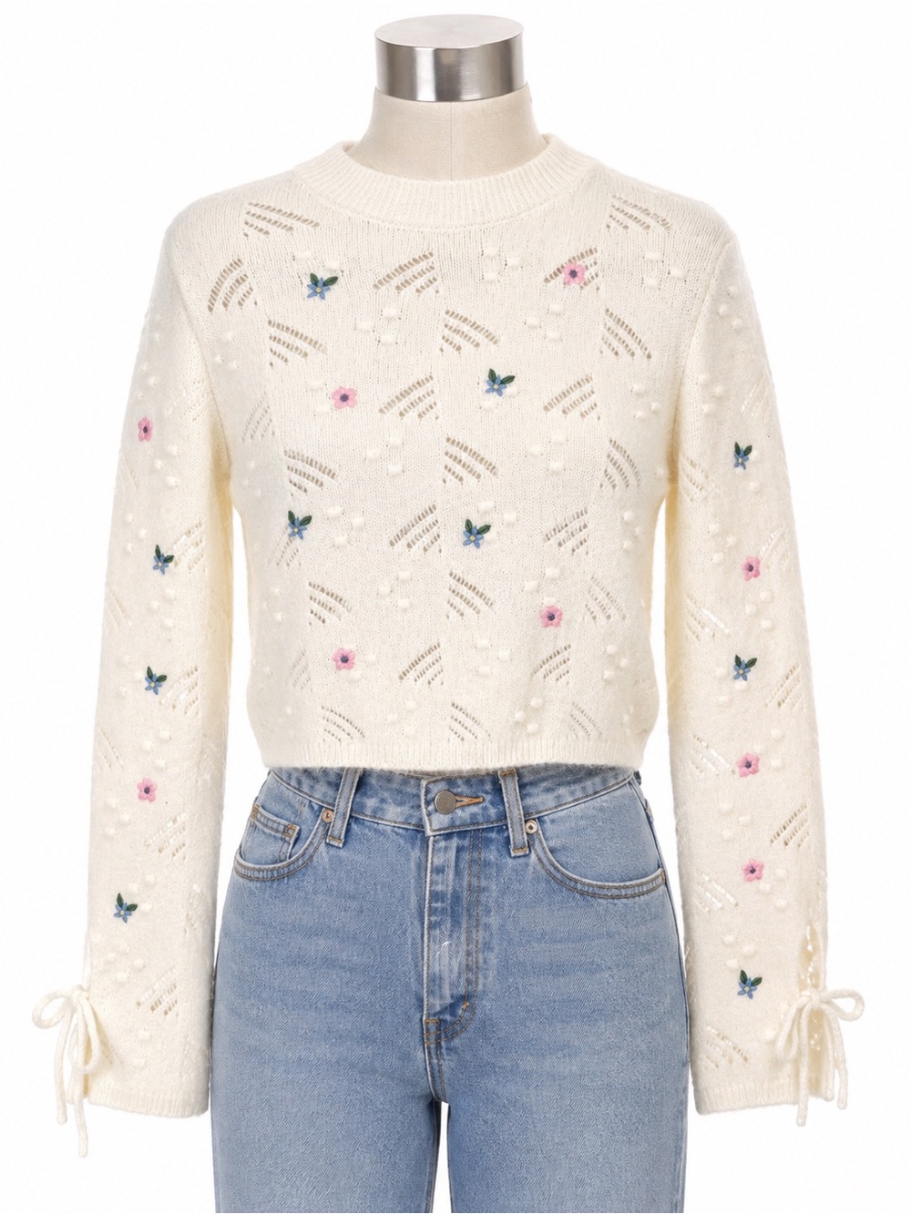 Zara Floral Embroidered Openwork Cropped Sweater Tie Cuff S